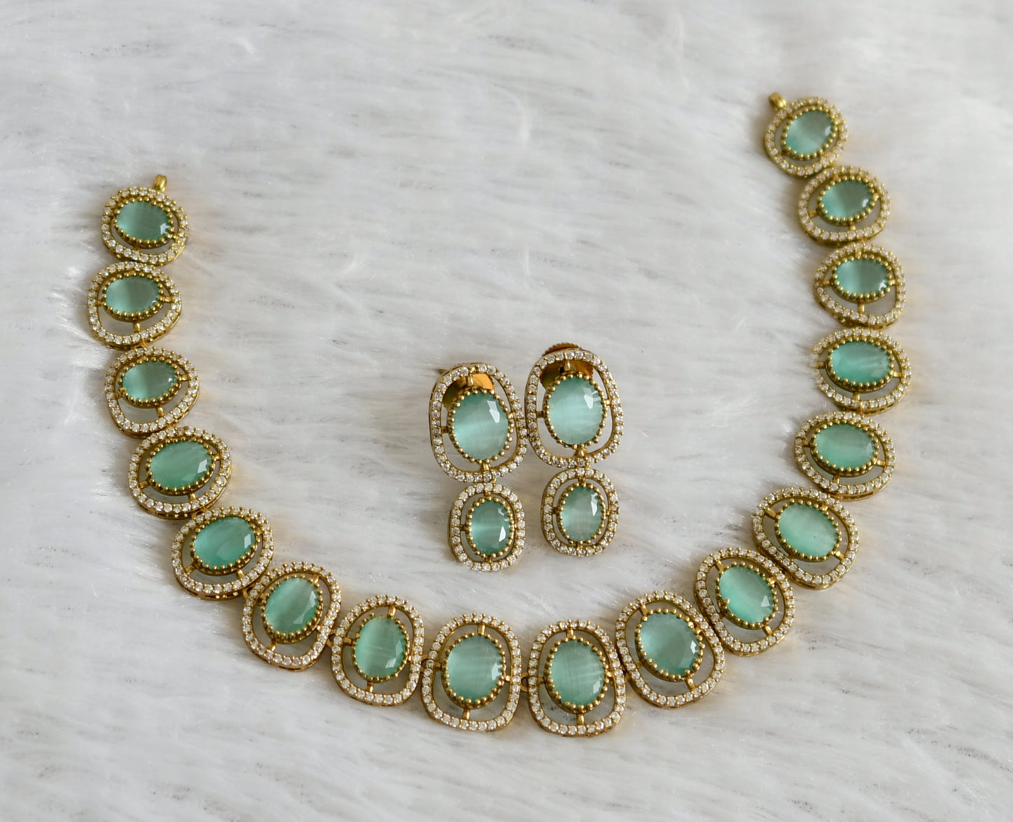 Matte finish cz sea green oval stone necklace set dj-47976