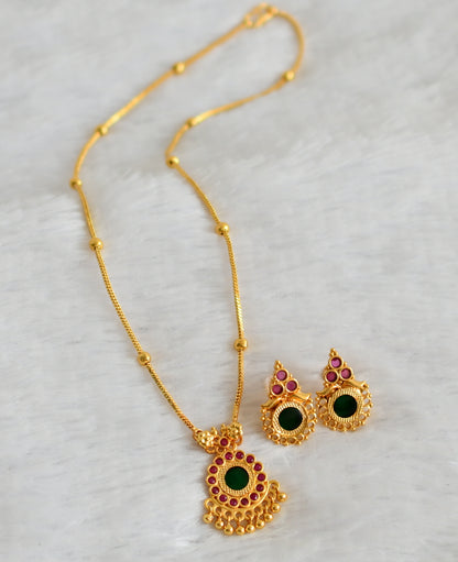 Gold tone pink-green kerala style round necklace set dj-49880