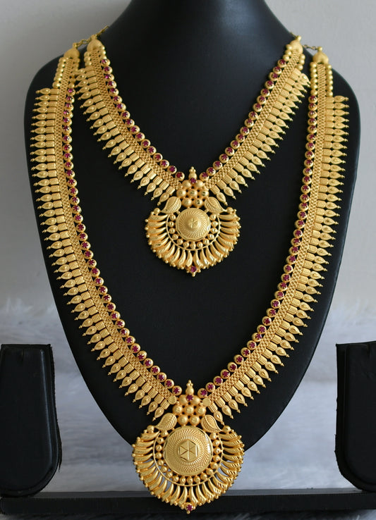 Matte gold tone kerala style pink stone combo haar set dj-49889