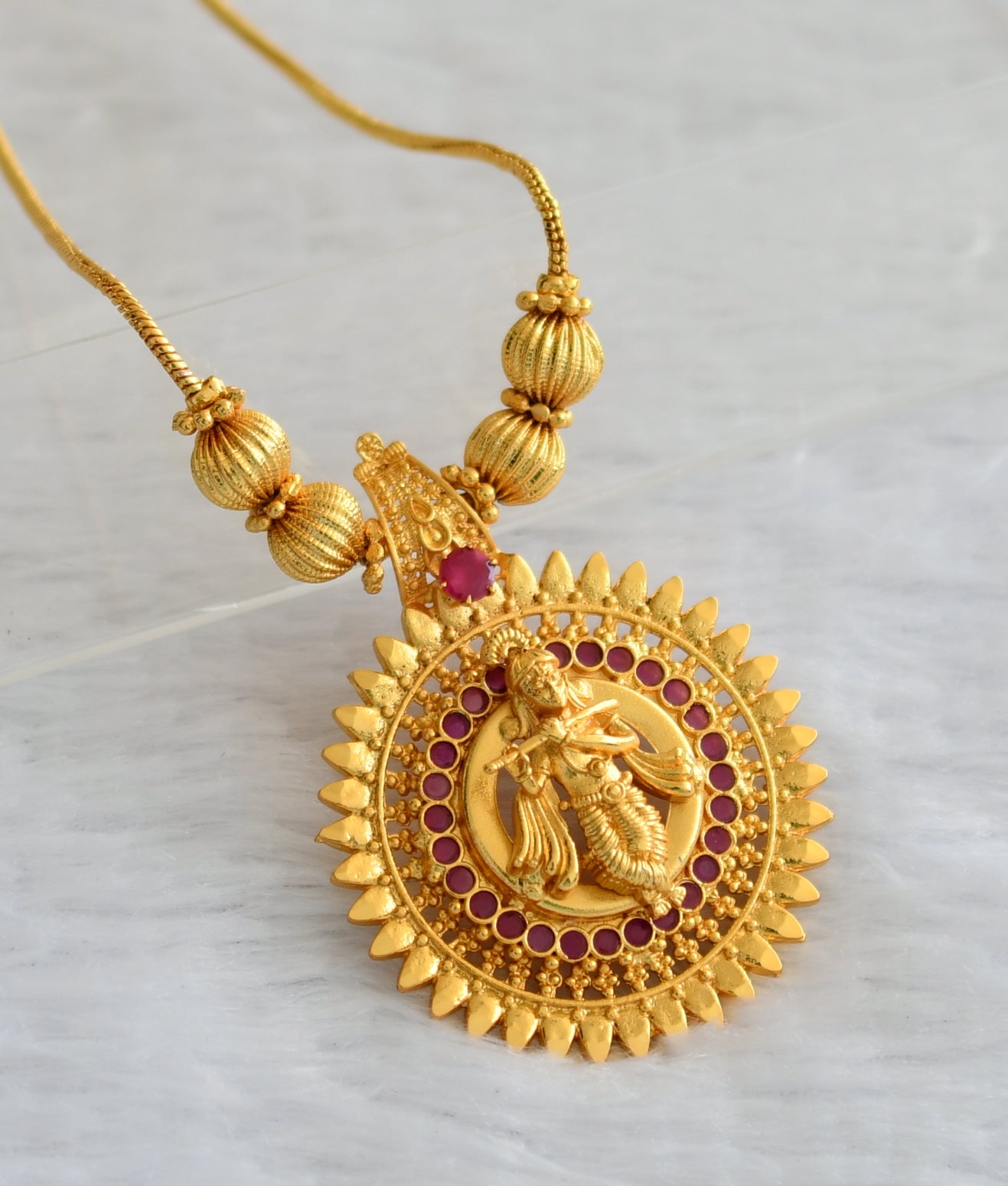 Gold tone ruby kerala style krishna round kodi necklace dj-46363