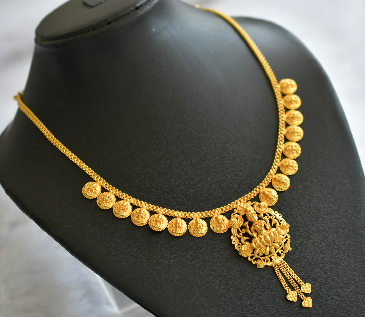 Matte gold tone kerala style peacock lakshmi coin necklace dj-46371