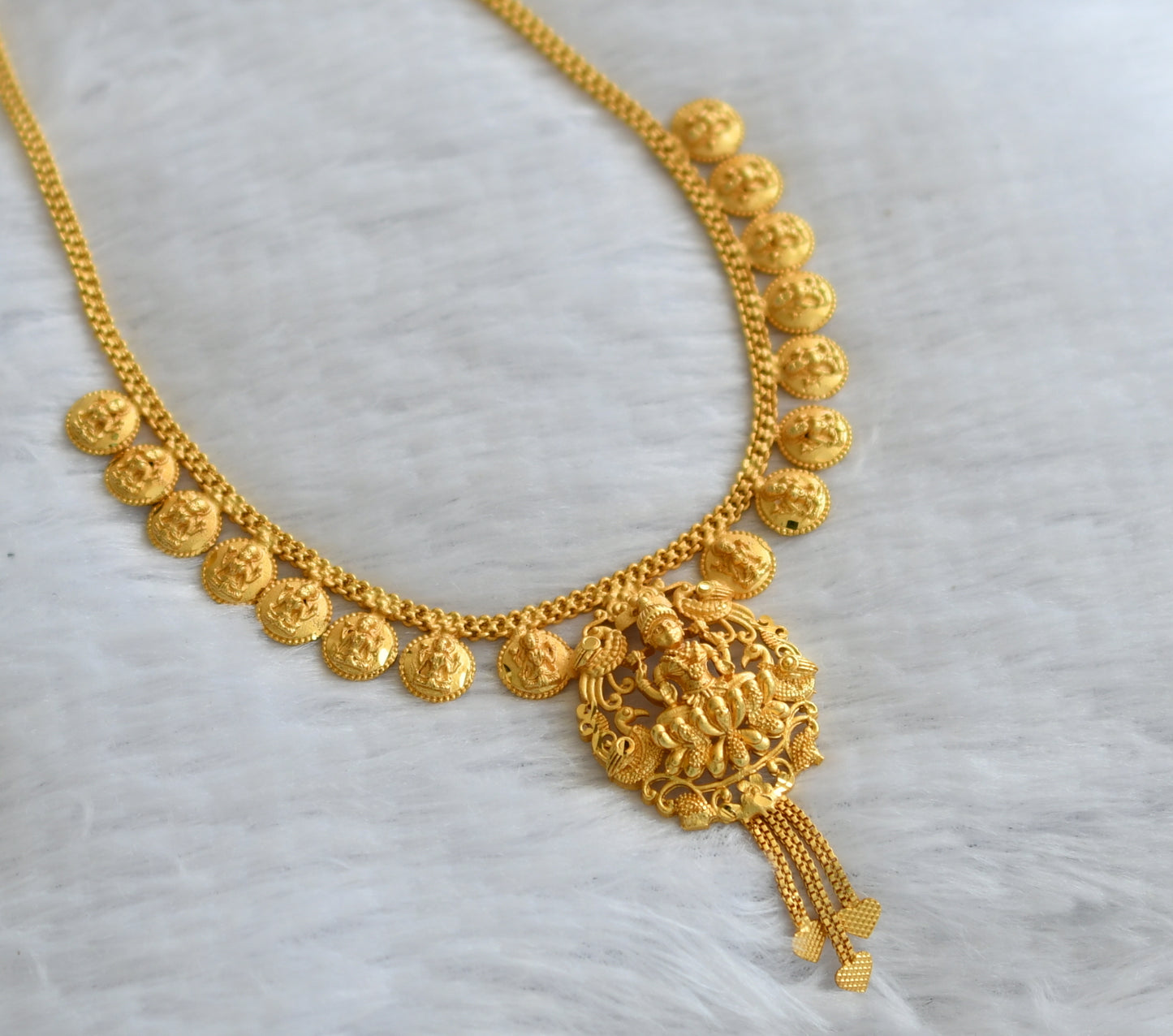 Matte gold tone kerala style peacock lakshmi coin necklace dj-46371