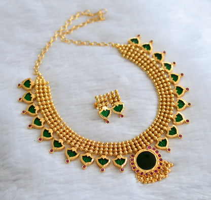Gold tone kerala style ad pink-green palakka necklace set dj-46367