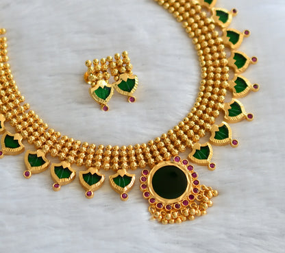 Gold tone kerala style ad pink-green palakka necklace set dj-46367