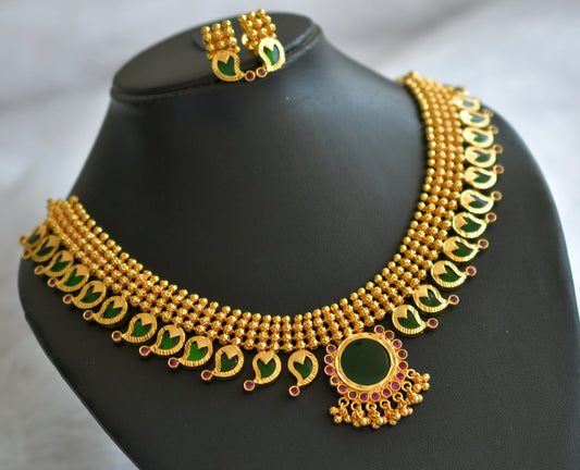Gold tone ad pink-green kerala style mango necklace set dj-46369