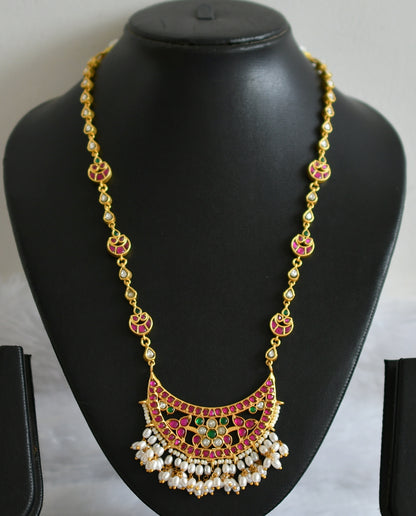 Gold tone pink-green-white rice pearl moon necklace dj-49902
