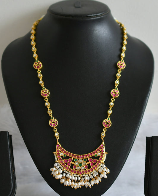 Gold tone pink-green-white rice pearl moon necklace dj-49902
