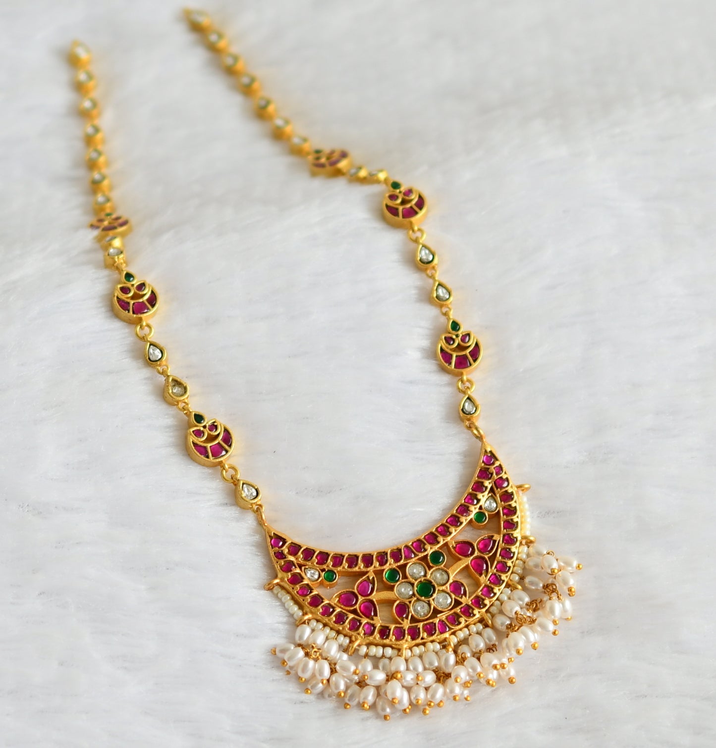 Gold tone pink-green-white rice pearl moon necklace dj-49902