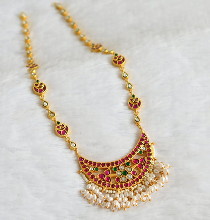 Gold tone pink-green-white rice pearl moon necklace dj-49902