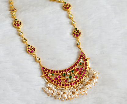 Gold tone pink-green-white rice pearl moon necklace dj-49902