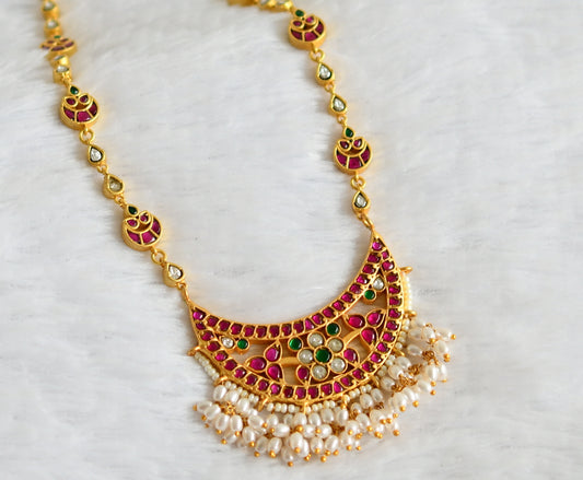 Gold tone pink-green-white rice pearl moon necklace dj-49902