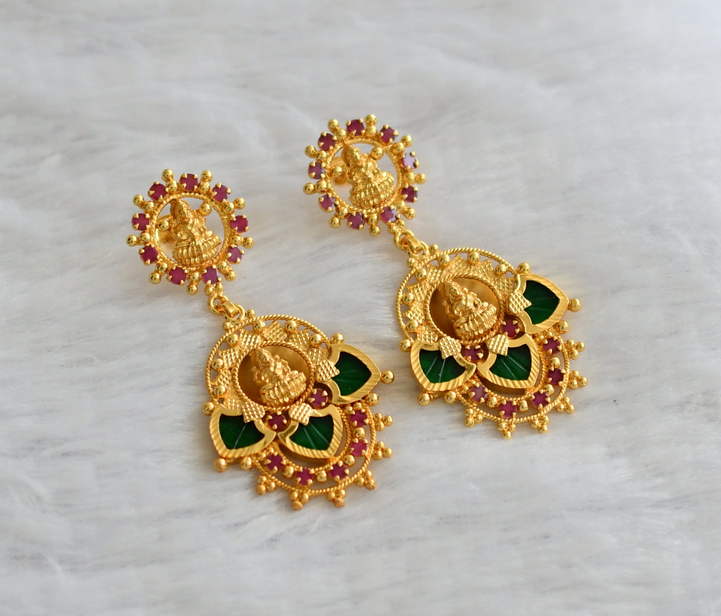 Gold tone kerala style pink-green lakshmi palakka long earrings dj-46374