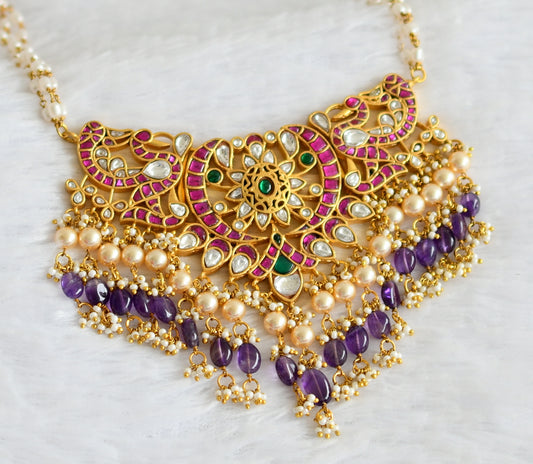 Gold tone pink-green-white kundan jadau purple beaded rice pearl peacock choker necklace dj-49901