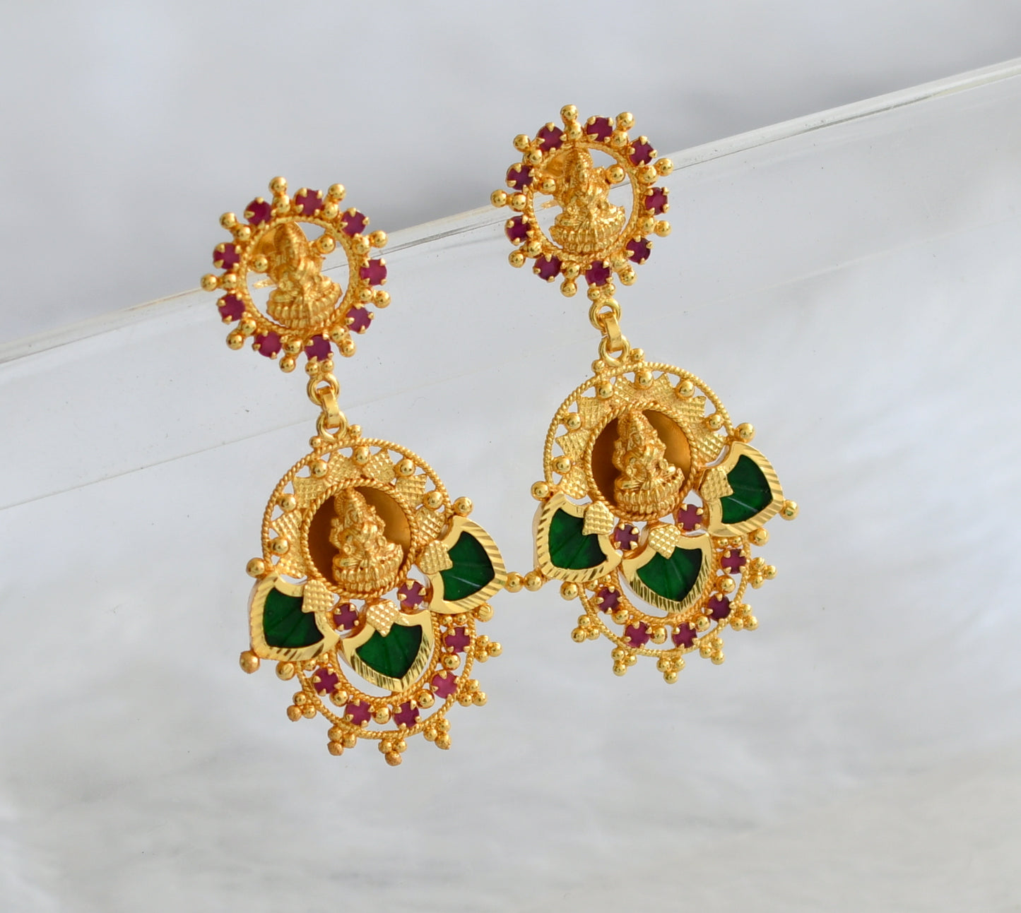 Gold tone kerala style pink-green lakshmi palakka long earrings dj-46374