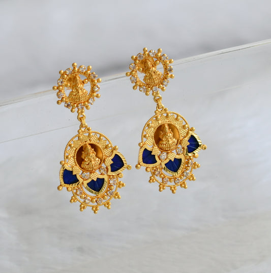 Gold tone kerala style blue-white lakshmi palakka long earrings dj-46375