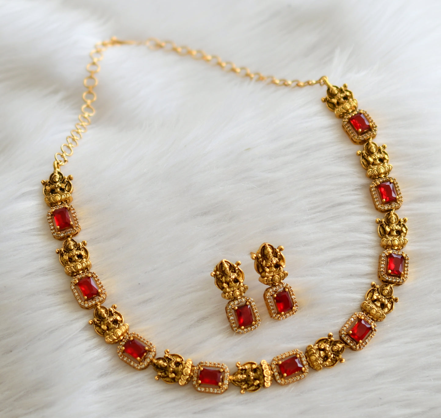 Matte finish red-white block stone lakshmi necklace set dj-44570