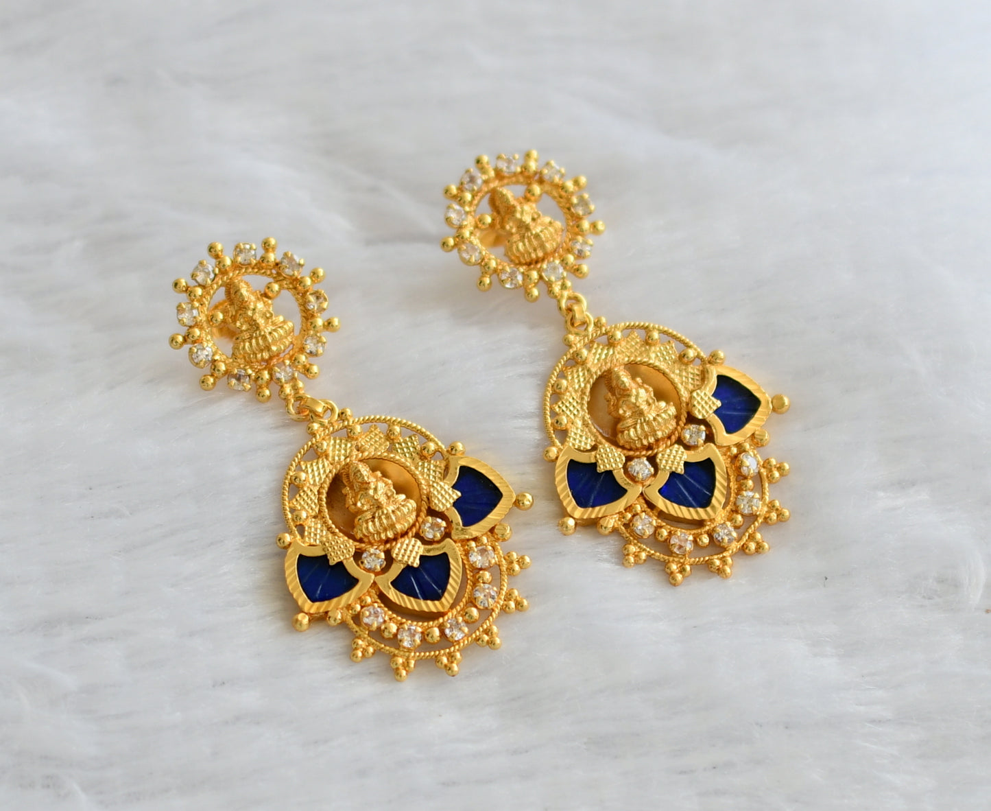 Gold tone kerala style blue-white lakshmi palakka long earrings dj-46375