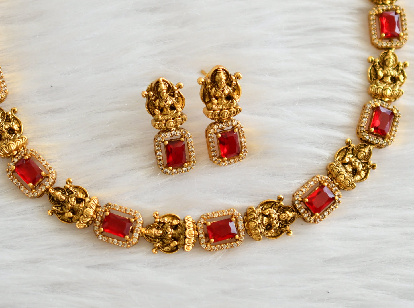 Matte finish red-white block stone lakshmi necklace set dj-44570