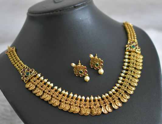 Matte finish kemp-green pearl lakshmi coin necklace set dj-47965