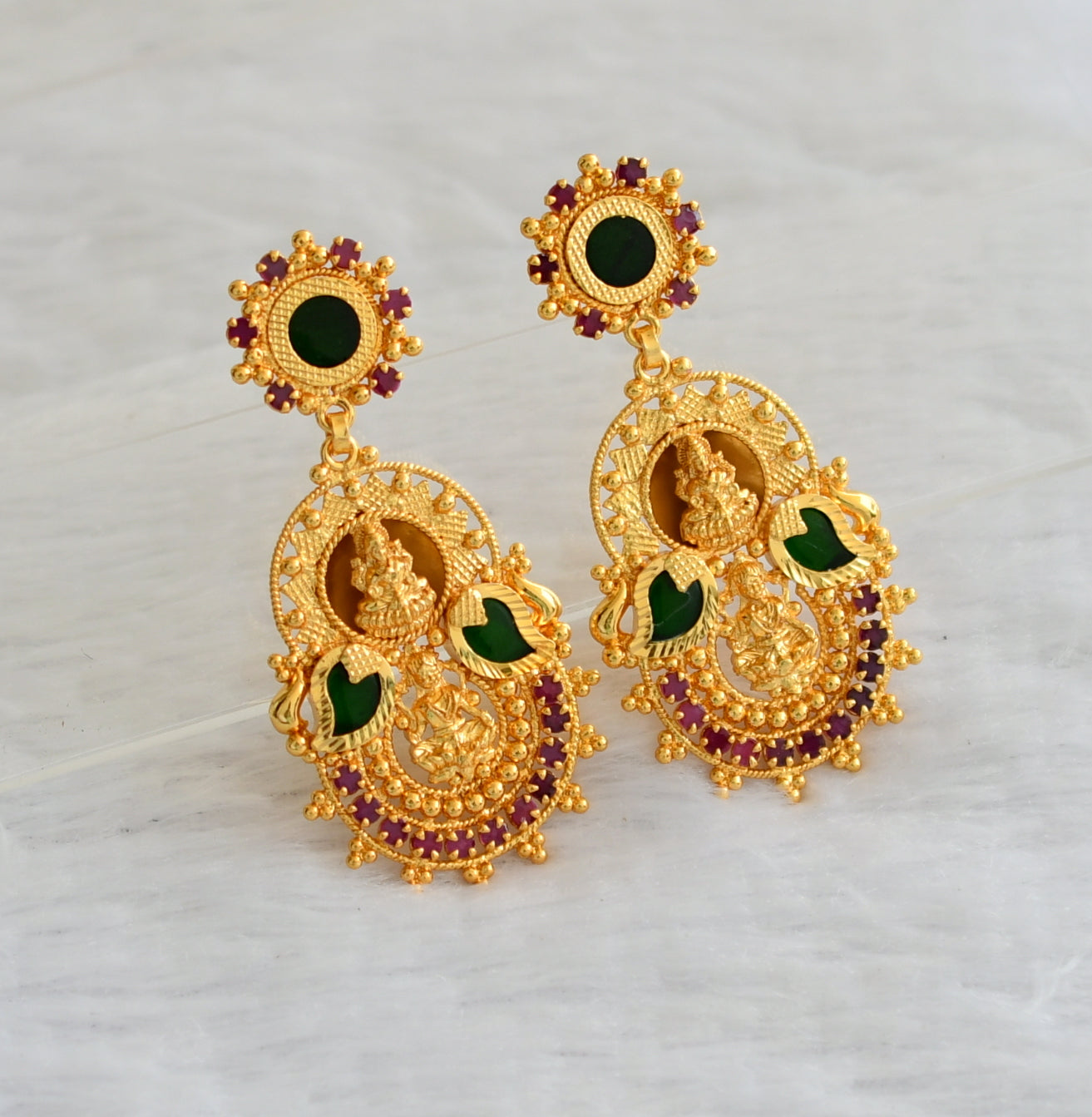 Gold tone kerala style pink-green lakshmi mango long earrings dj-46377