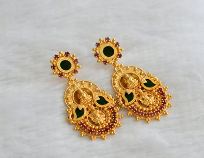Gold tone kerala style pink-green lakshmi mango long earrings dj-46377