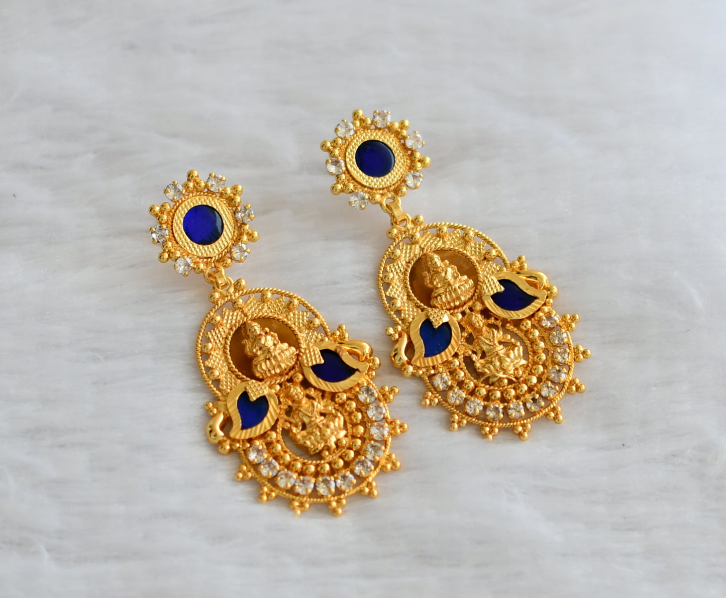 Gold tone kerala style blue-white lakshmi mango long earrings dj-46379