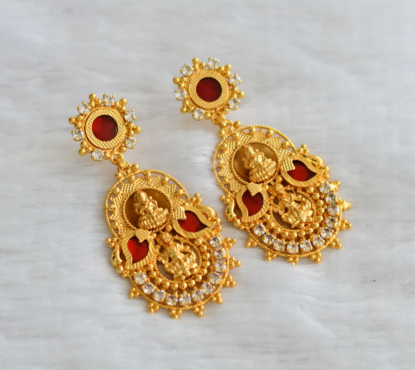 Gold tone kerala style red-white lakshmi mango long earrings dj-46378