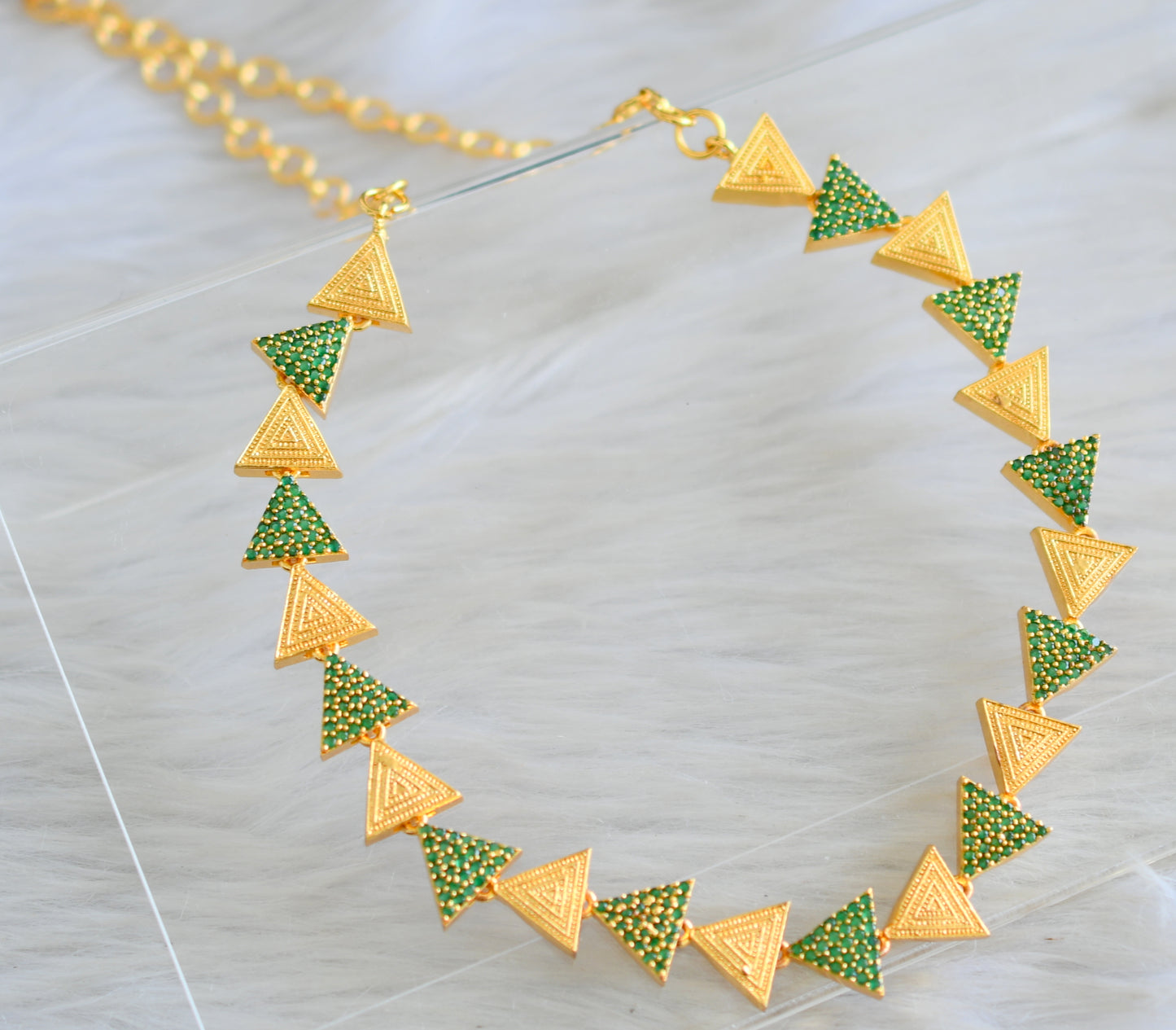 Gold tone cz green triangle necklace set dj-43102