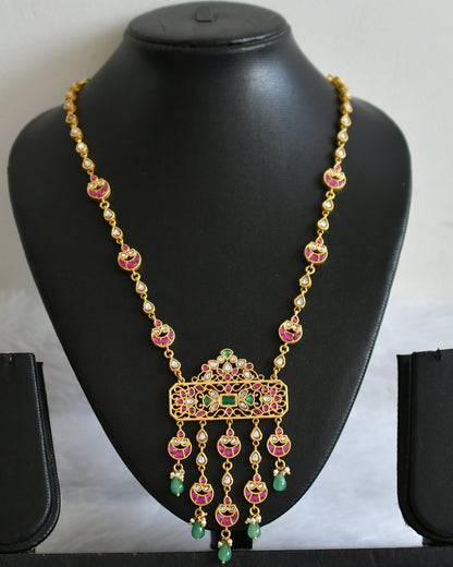 Gold tone pink-green-white kundan jadau green beaded moon short haar dj-49903