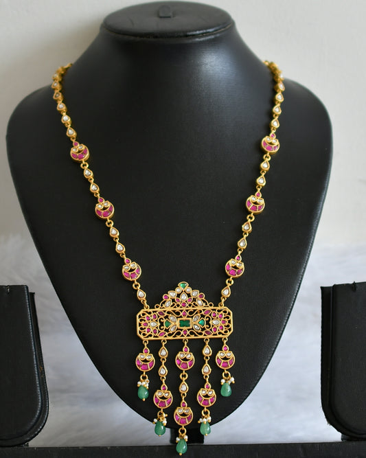 Gold tone pink-green-white kundan jadau green beaded moon short haar dj-49903