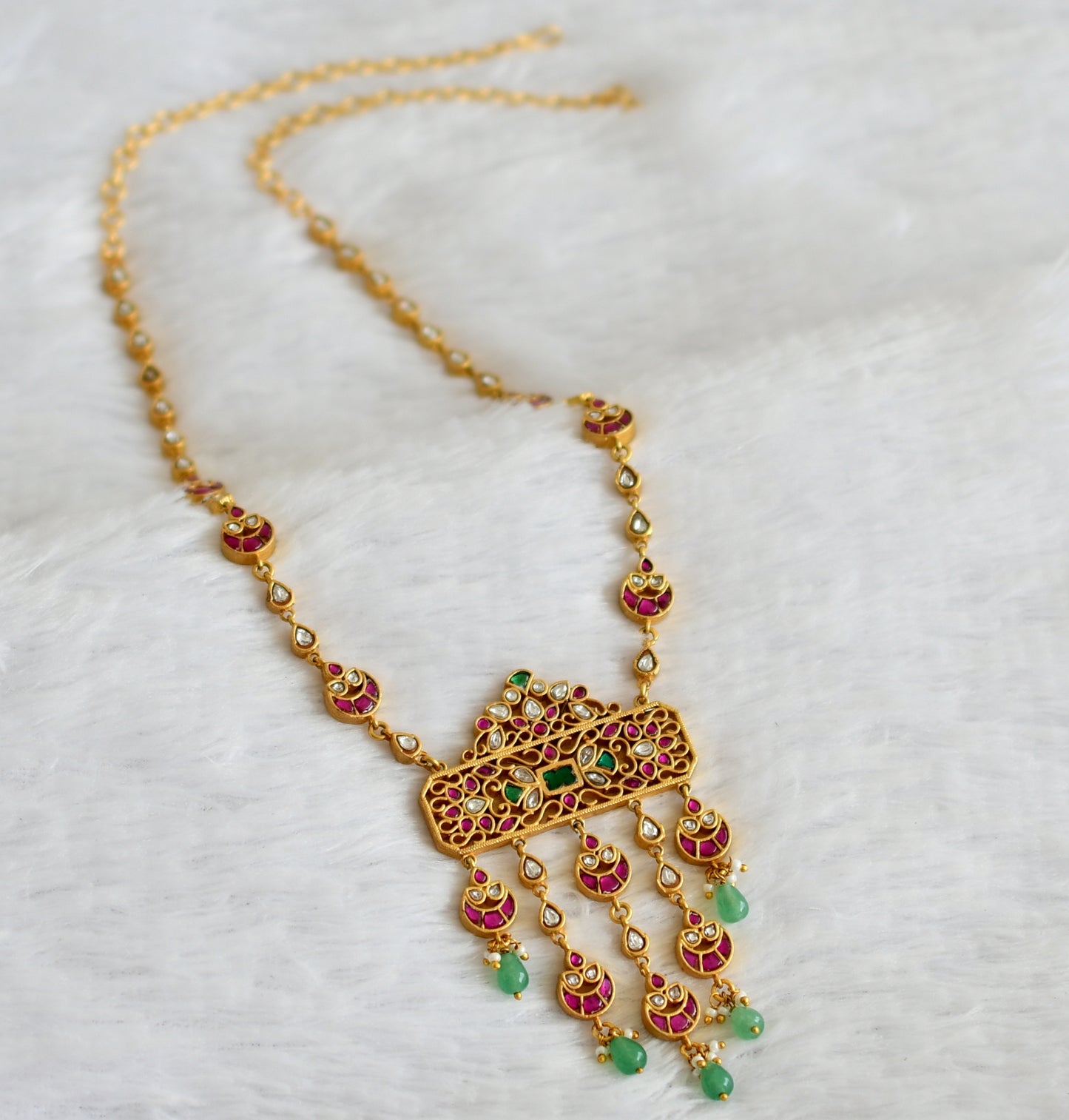 Gold tone pink-green-white kundan jadau green beaded moon short haar dj-49903