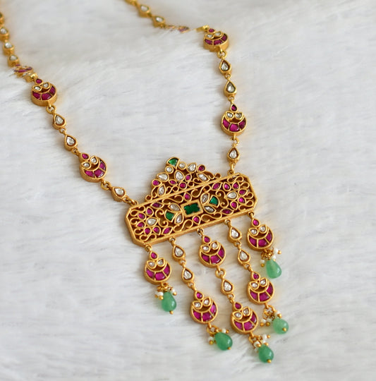 Gold tone pink-green-white kundan jadau green beaded moon short haar dj-49903