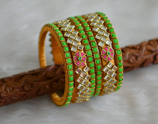 Silk gold color thread pink-green-white kundan set of 6 Bangles(2.8) dj-38635