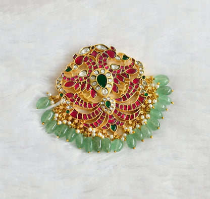 Gold tone pink-green-white kundan jadau sea green beaded peacock pendant dj-49915