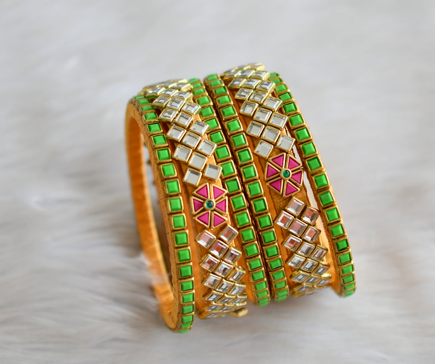 Silk gold color thread pink-green-white kundan set of 6 Bangles(2.4) dj-38633