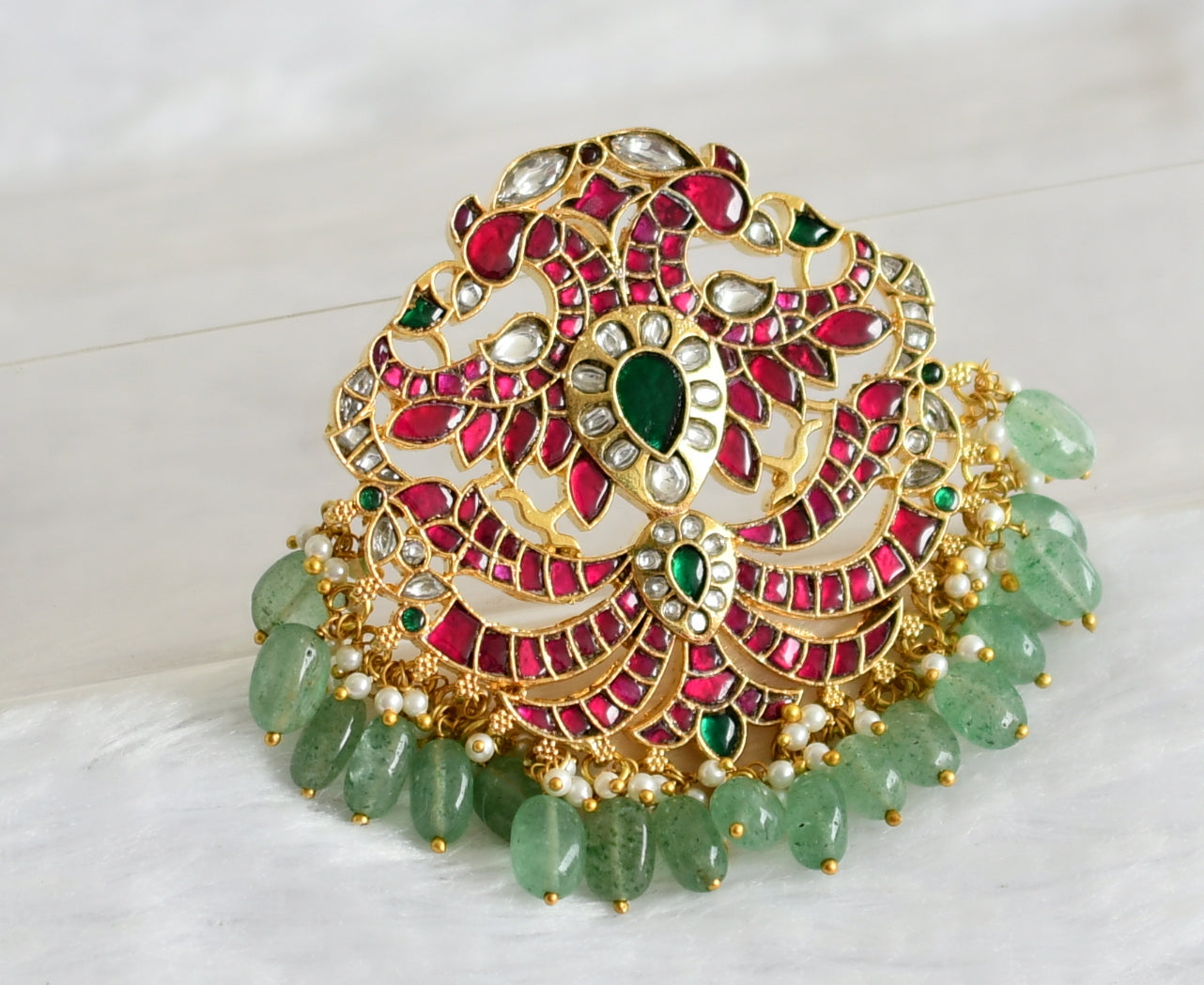 Gold tone pink-green-white kundan jadau sea green beaded peacock pendant dj-49915