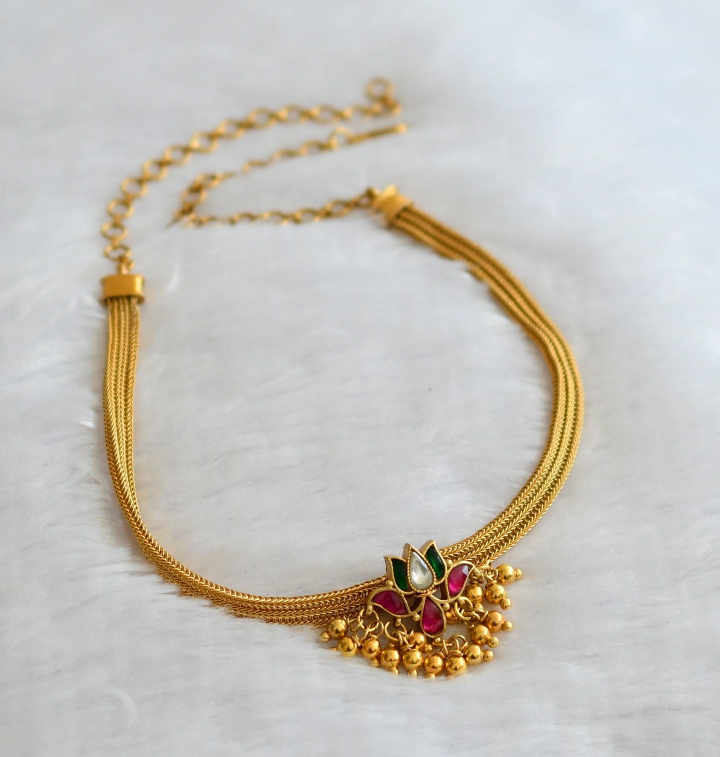 Matte finish pink-green-white lotus kundan jadau choker necklace dj-46388