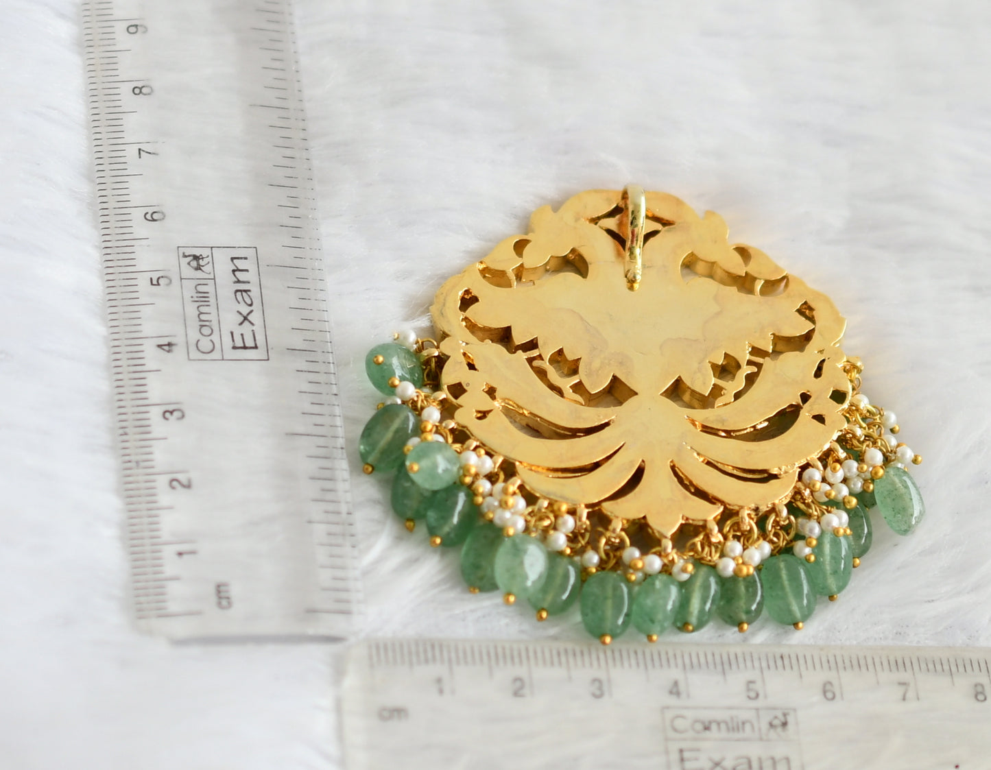 Gold tone pink-green-white kundan jadau sea green beaded peacock pendant dj-49915