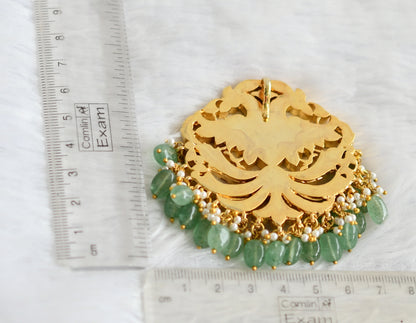 Gold tone pink-green-white kundan jadau sea green beaded peacock pendant dj-49915