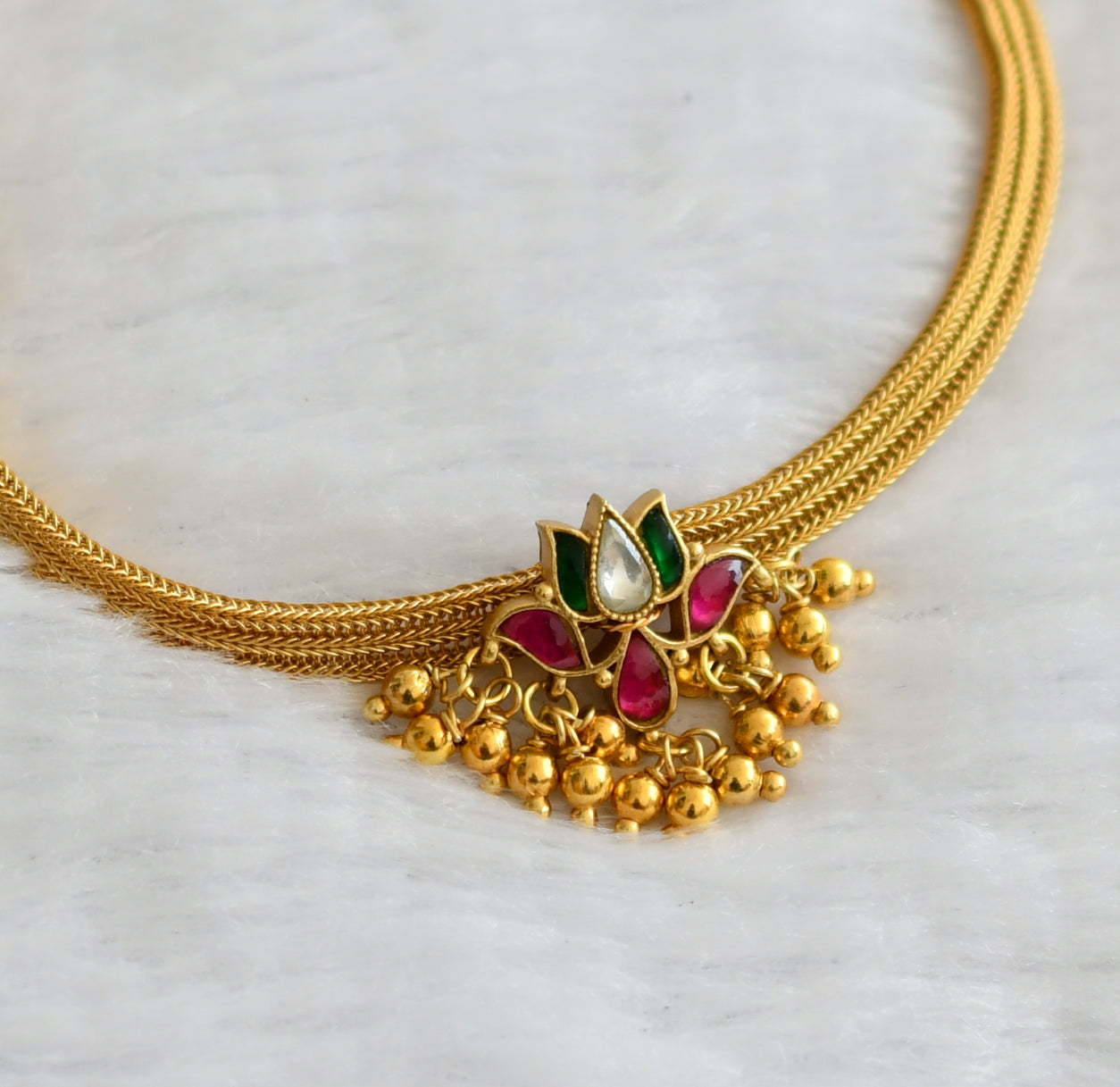 Matte finish pink-green-white lotus kundan jadau choker necklace dj-46388