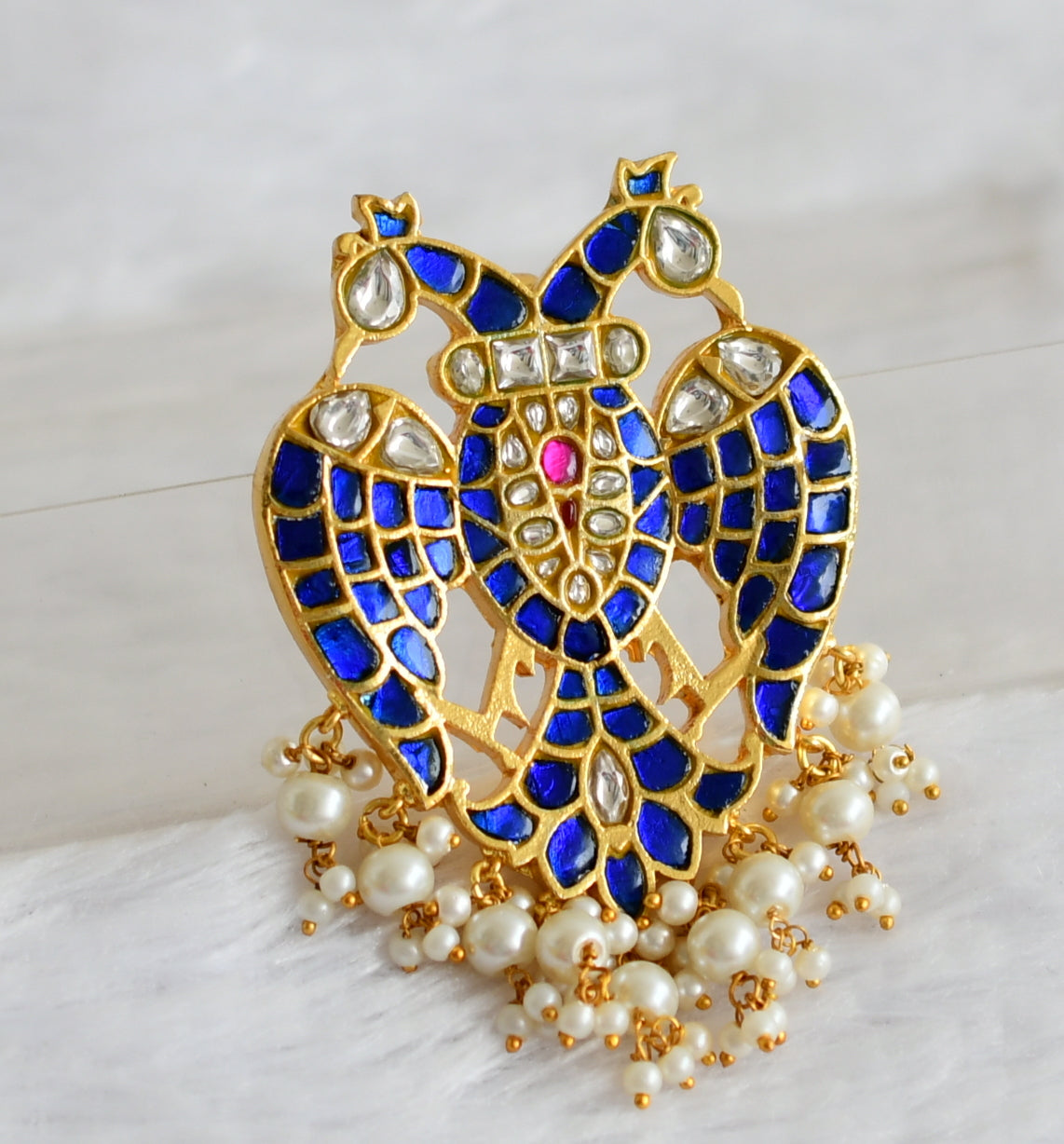 Gold tone blue-pink-white kundan jadau ganda berunda pendant dj-49921
