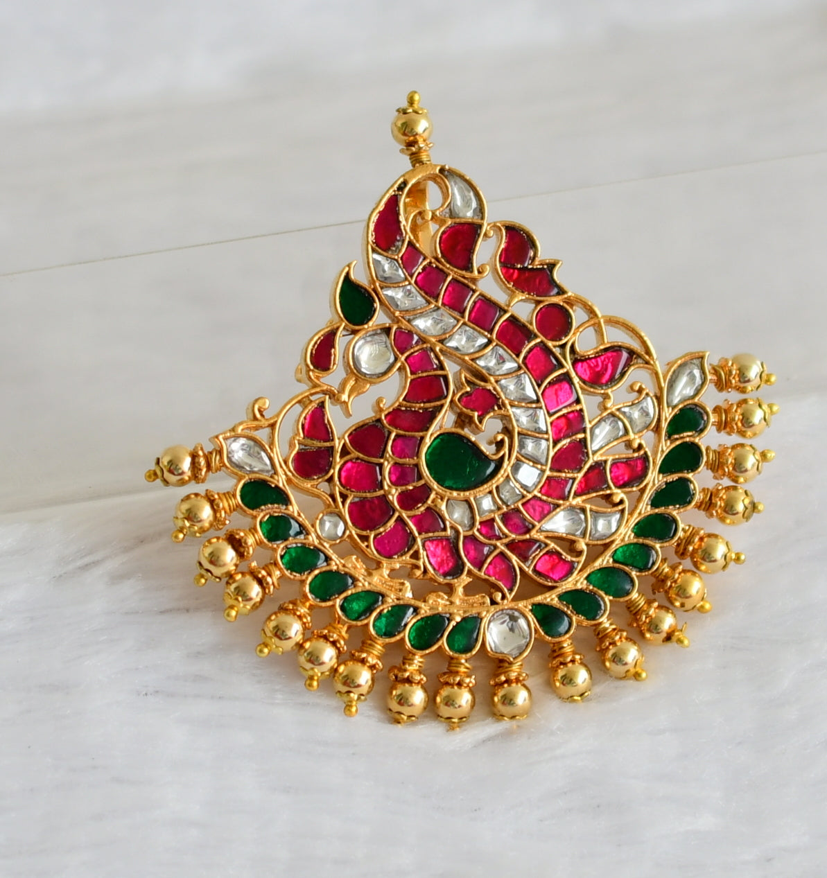 Gold tone pink-green-white kundan jadau peacock pendant dj-49913
