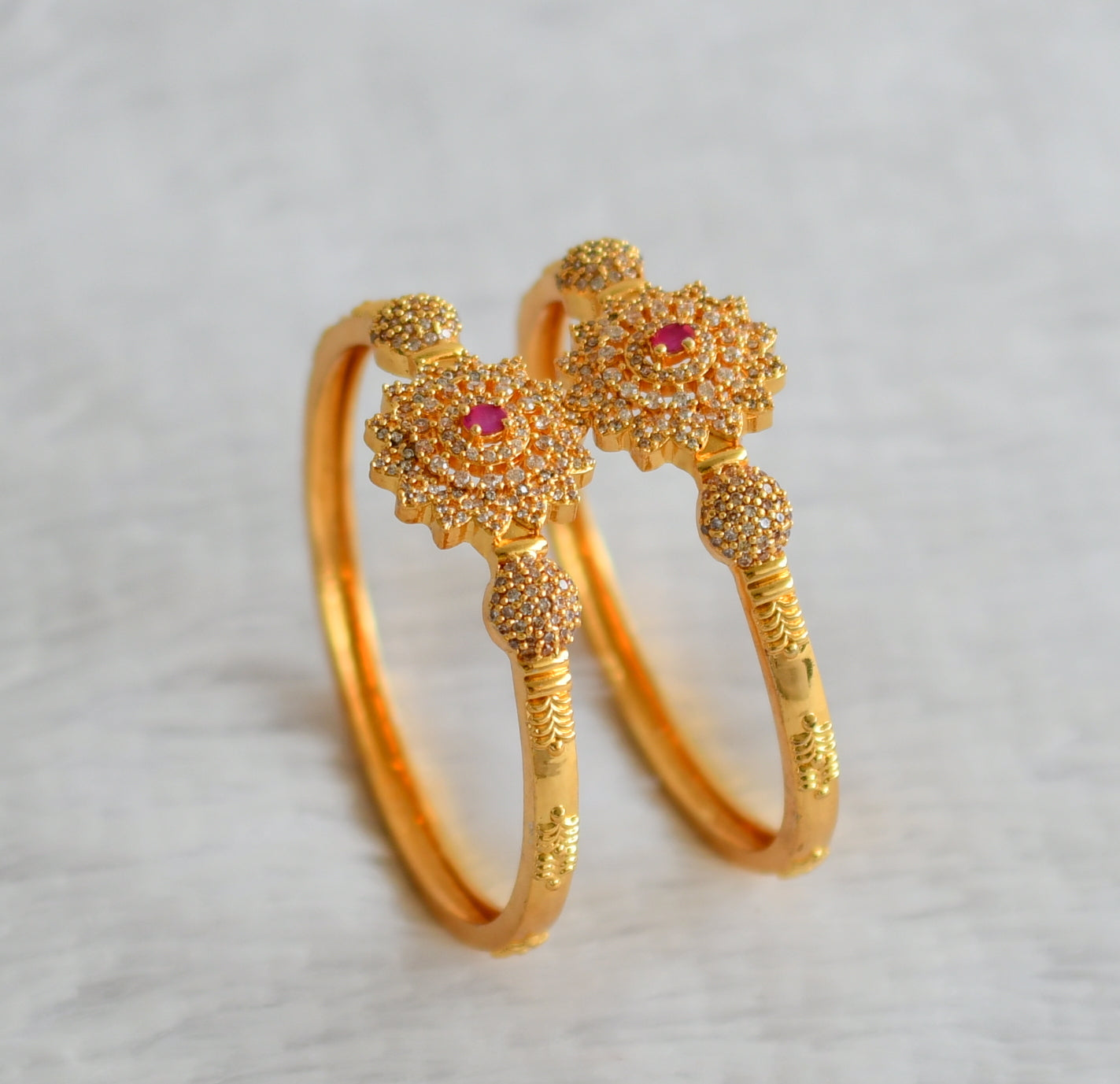 Gold tone cz-ruby stone flower kada type bangles(2.6) dj-49929