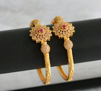 Gold tone cz-ruby stone flower kada type bangles(2.4) dj-49928