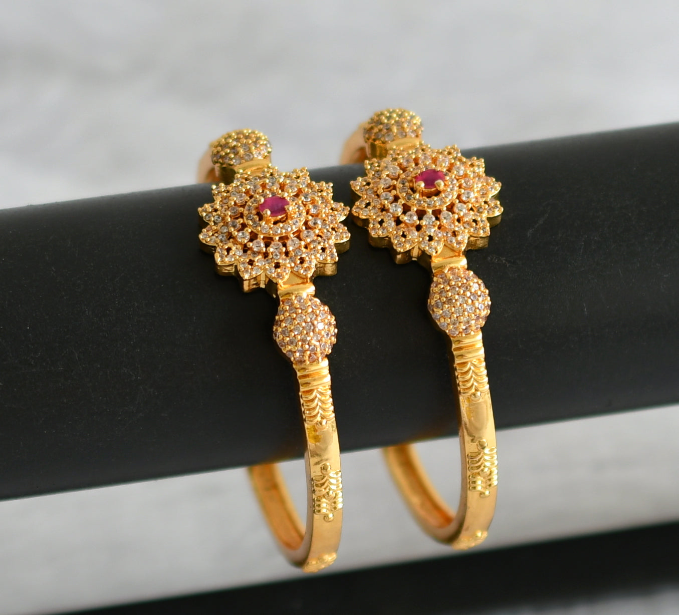 Gold tone cz-ruby stone flower kada type bangles(2.6) dj-49929