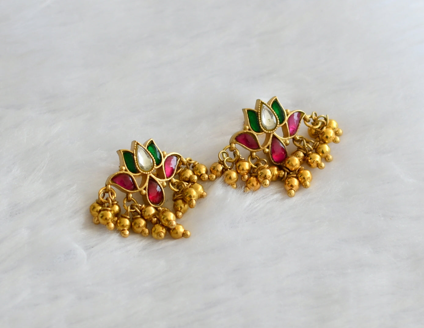 Matte finish pink-green-white lotus kundan jadau earrings dj-46389