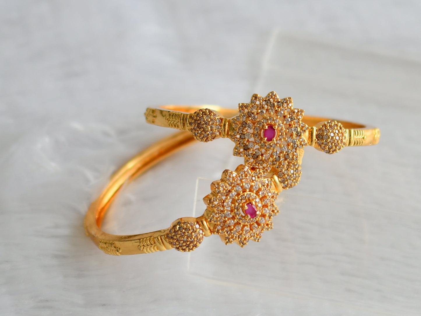 Gold tone cz-ruby stone flower kada type bangles(2.4) dj-49928