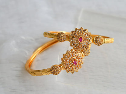 Gold tone cz-ruby stone flower kada type bangles(2.4) dj-49928