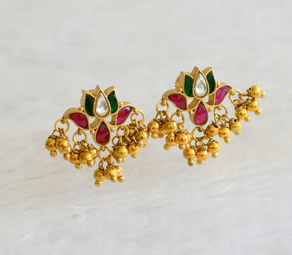 Matte finish pink-green-white lotus kundan jadau earrings dj-46389