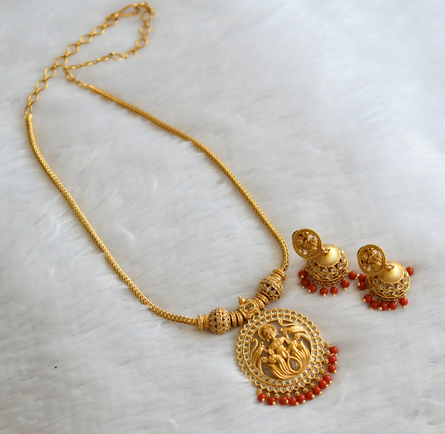 Matte finish coral  bead white stone lakshmi necklace set dj-46393